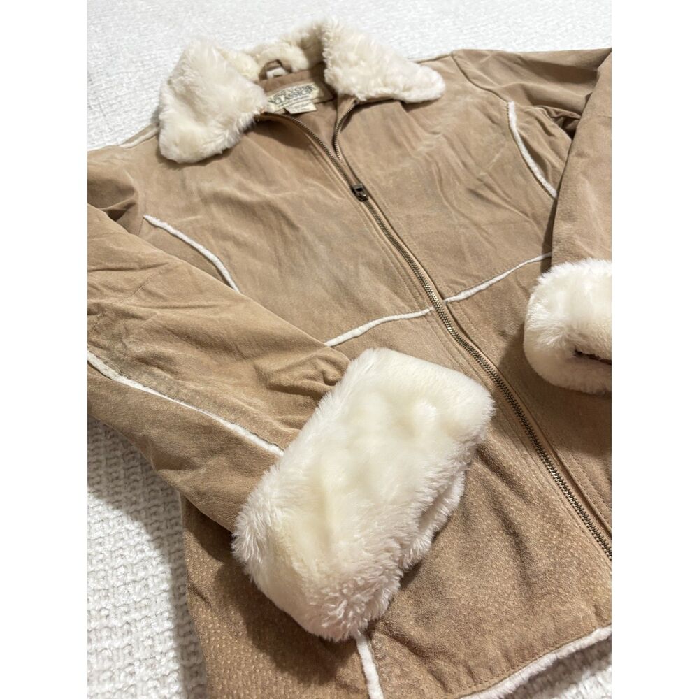 New York Classics‎ Penny Lane Genuine Leather Jacket M Tan Fur Trim 70s Boho Y2K